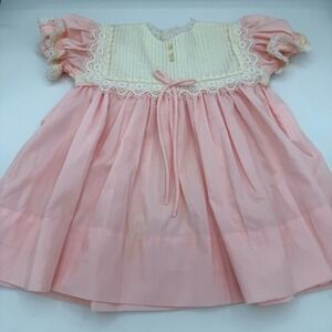 Vintage Girl's Pink Lace Trim Dress Puffy Sleeve Button Back